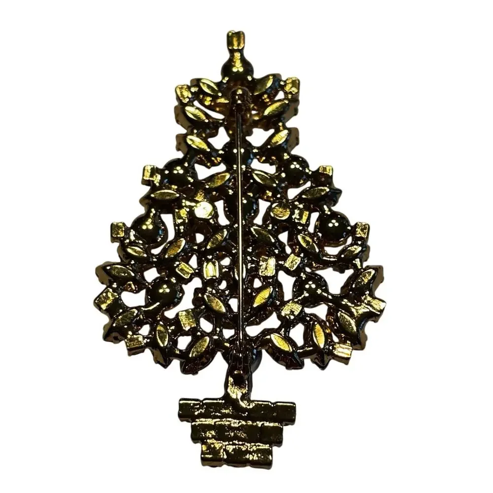 Christmas tree brooch ornate gold festive red & green rhinestones & pearl beads